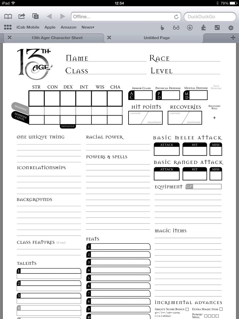 13th Age Character Sheet Fillable