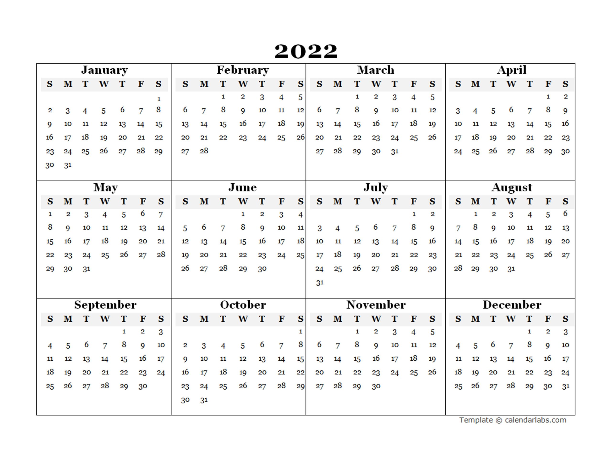 2022 Fillable Blank Yearly Calendar Template