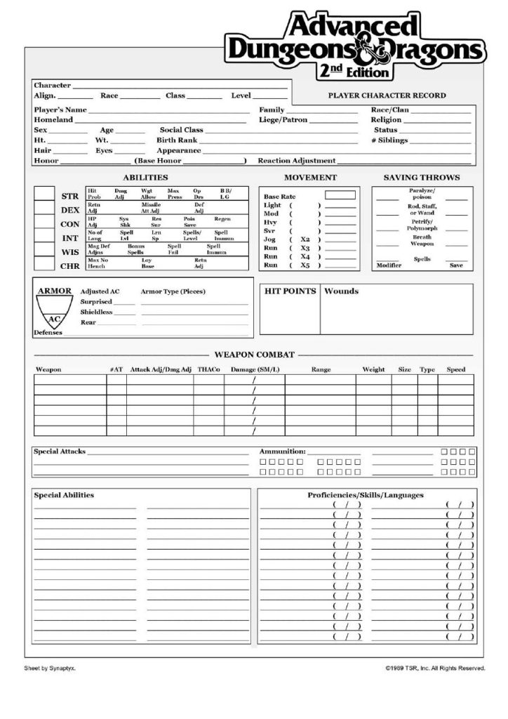 Ad&d 2nd Edition Fillable Character Sheet
