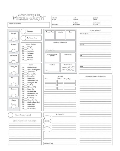 Adventures In Middle Earth Character Sheet Form Fillable