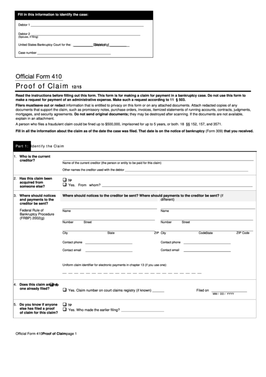 Bankruptcy Proof Of Claim Form Fillable