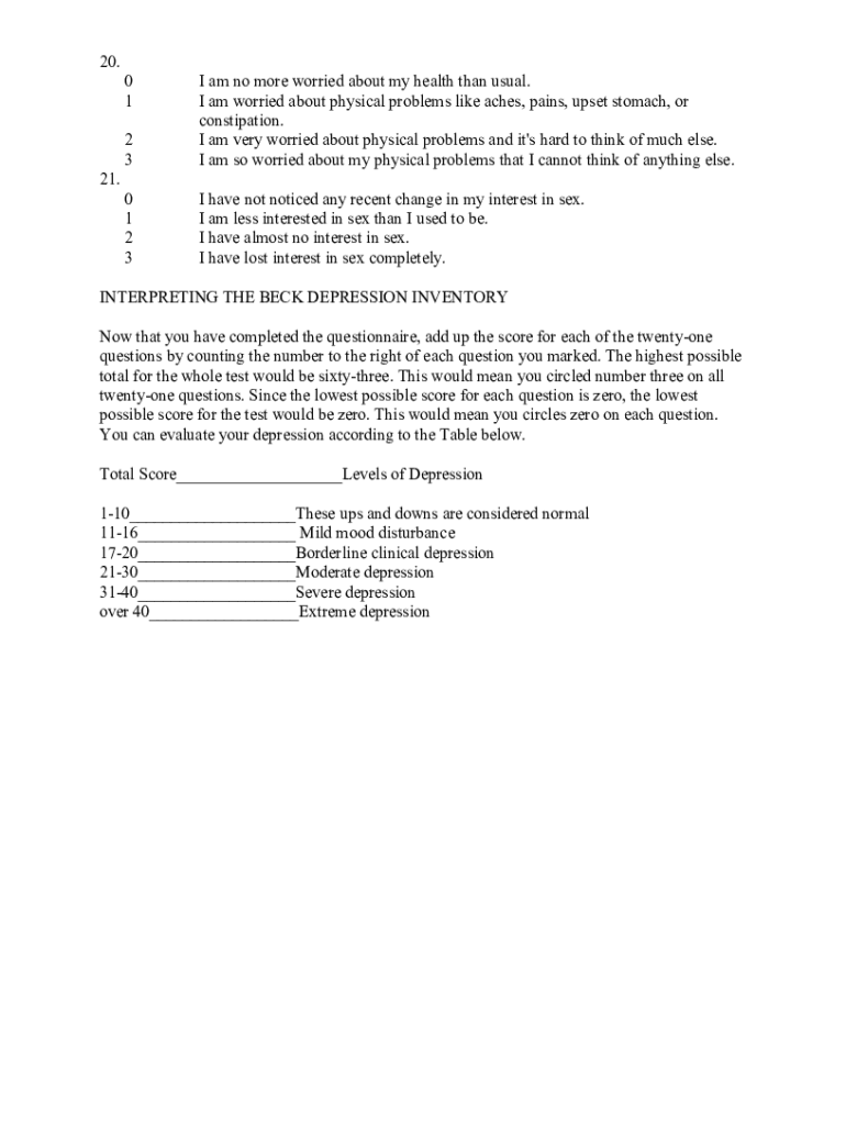 Beck Depression Inventory PDF Fillable