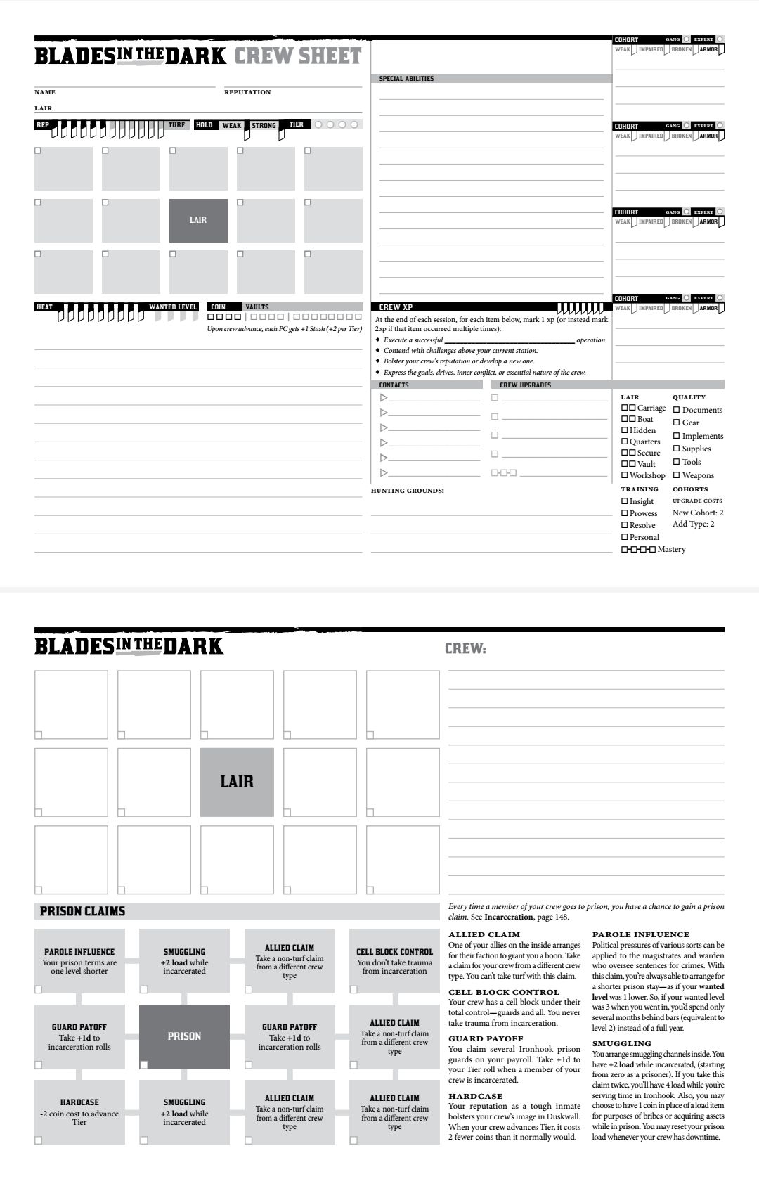 Blades In The Dark Fillable Character Sheet