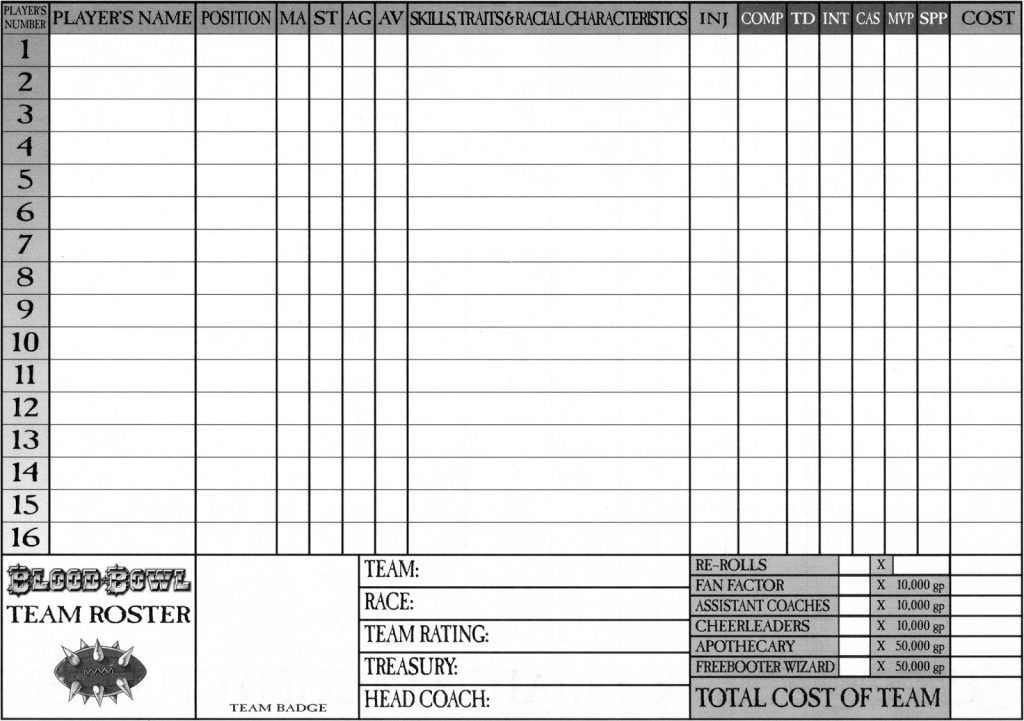 Blood Bowl Team Roster Fillable PDF