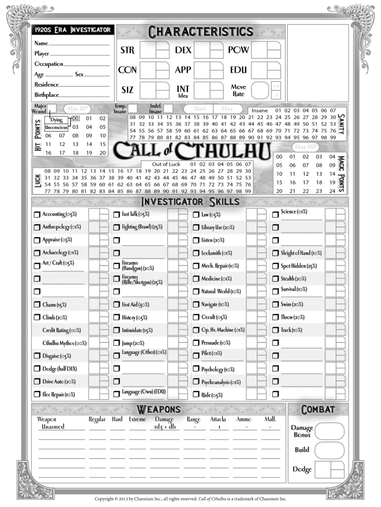 Call Of Cthulhu Fillable Character Sheet