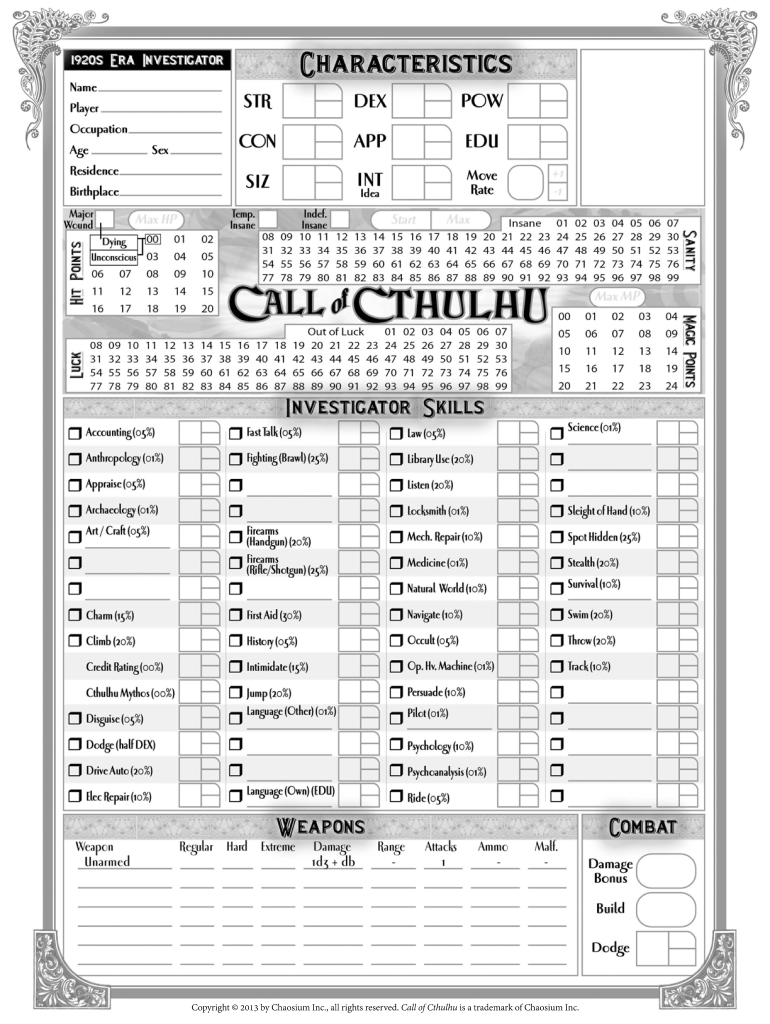 Call Of Cthulu 7th Form Fillable Character Sheet