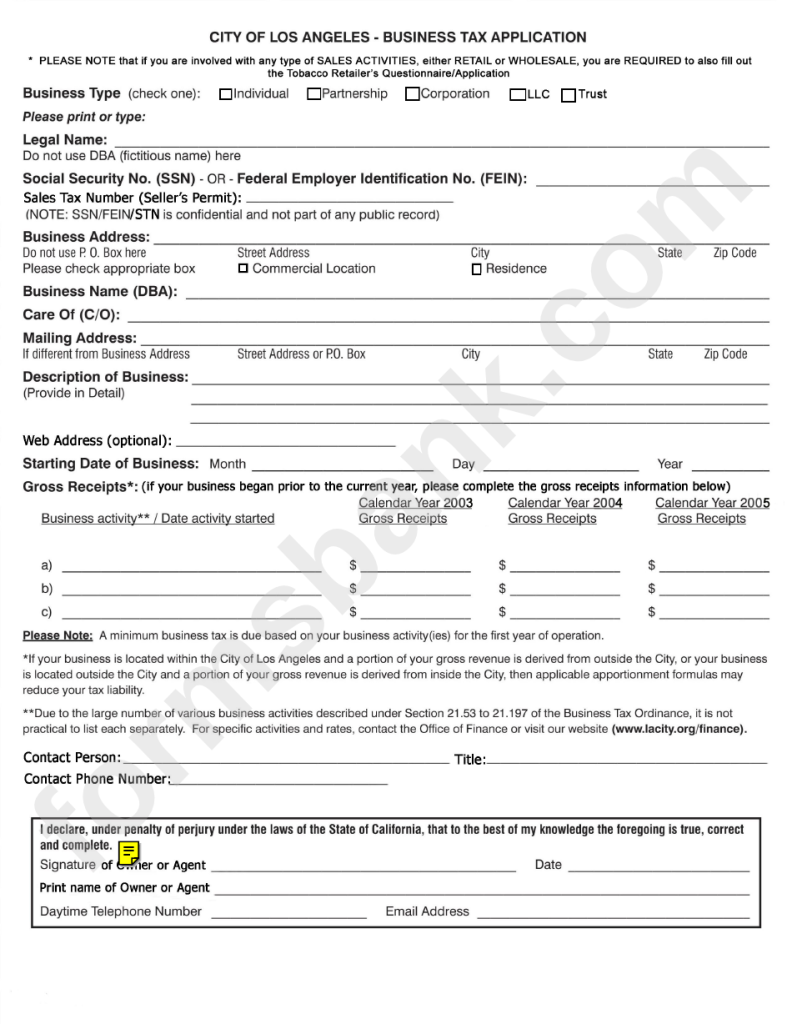 City Of Los Angeles BUSiness Tax Application Fillable