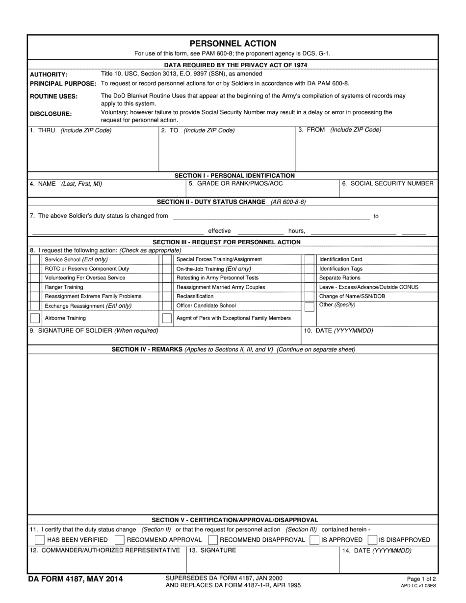 Da Form 4187 1 R Fillable