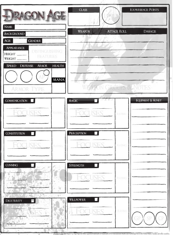 Dragon Age Rpg Fillable Character Sheet