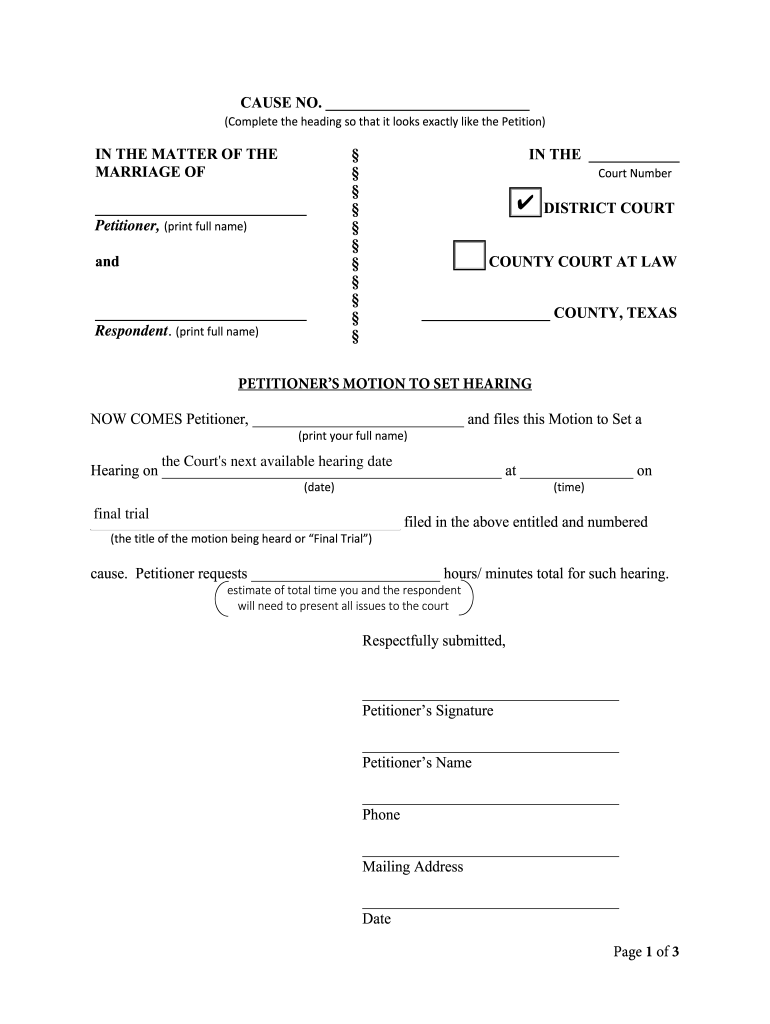 Duval County Order Setting Motion On Hearing Form Fillable
