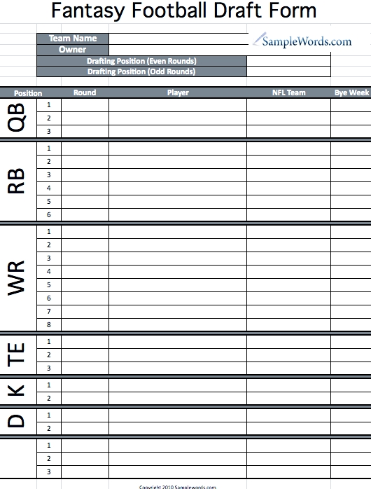 Fantasy Football Fillable Draft Sheet