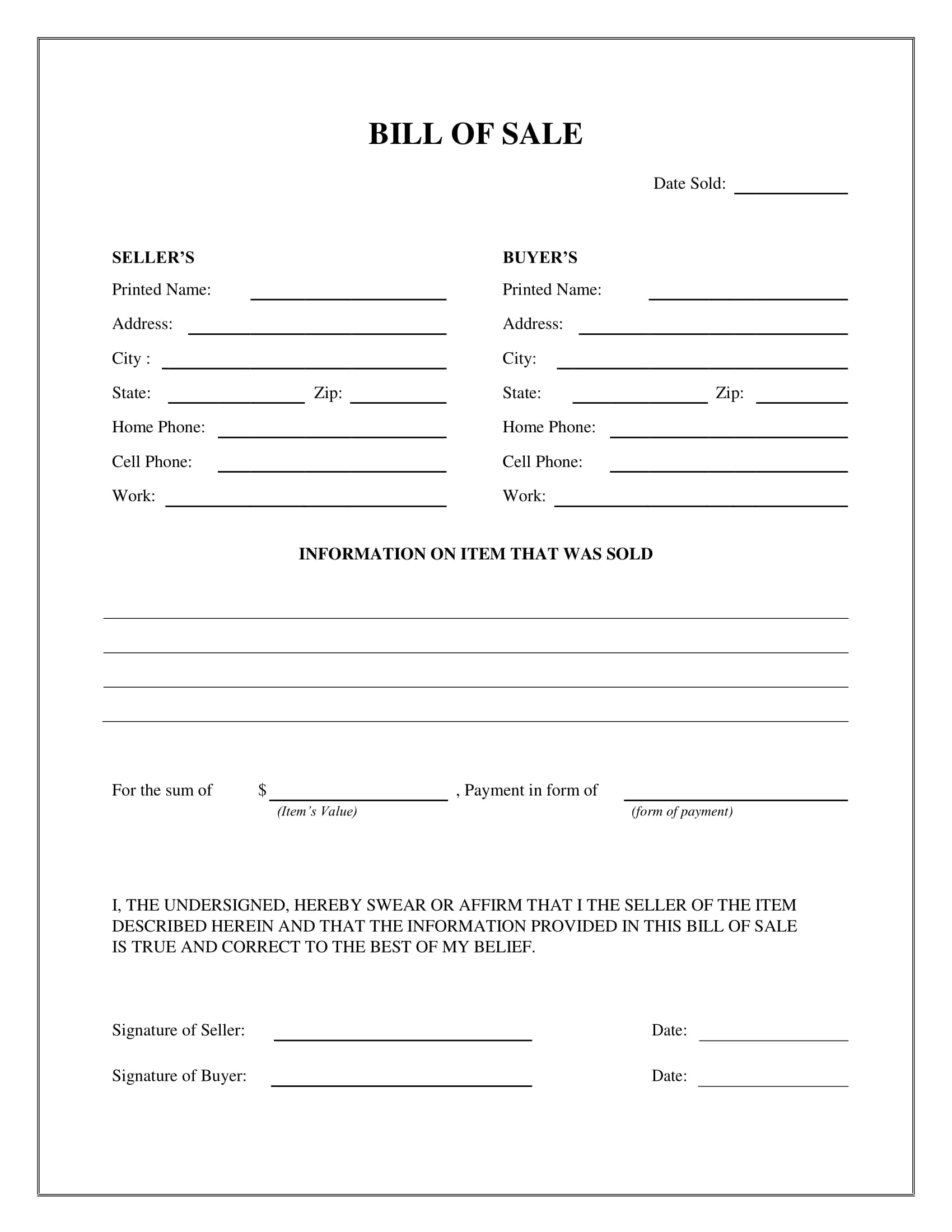 Fillable Bill Of Sale Form Free Printable