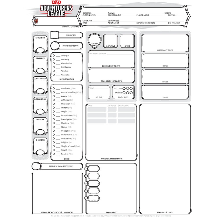 Adventure League Character Sheet Form Fillable