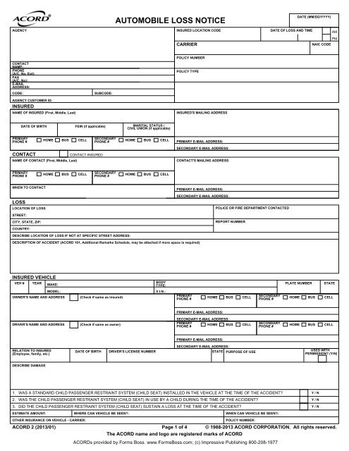 Automobile Loss Notice Accord Form Fillable