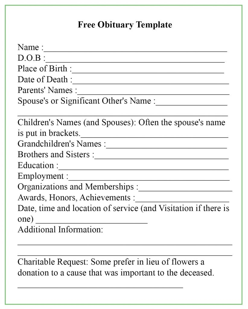 Blank Printable Obituary Template Fillable Form 2025