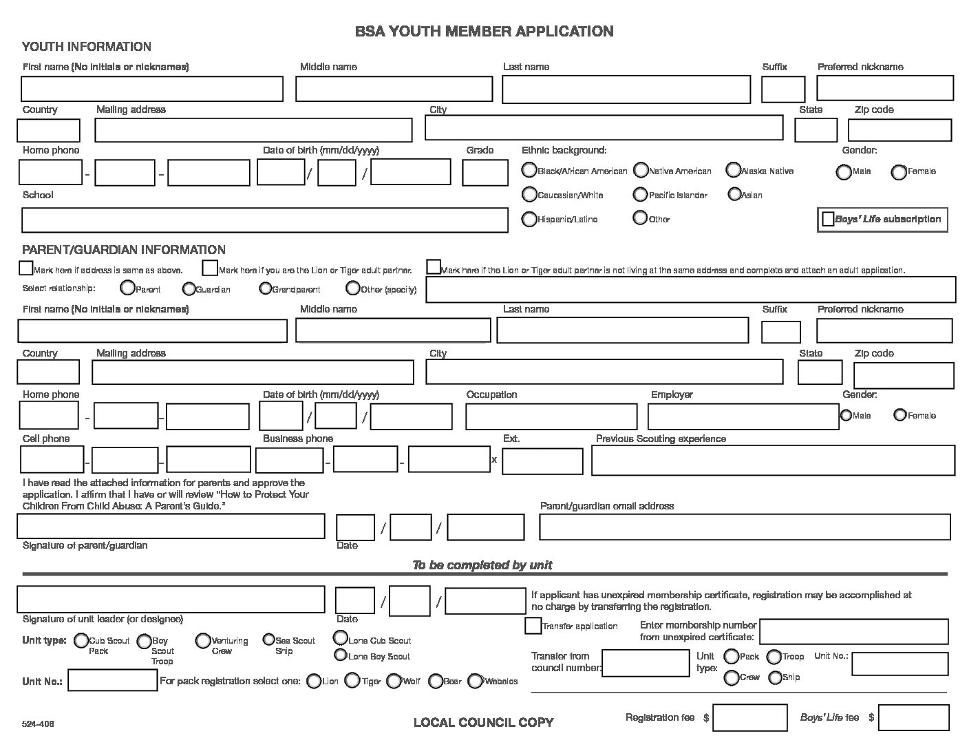 Boy Scouts Of America Youth Application Fillable