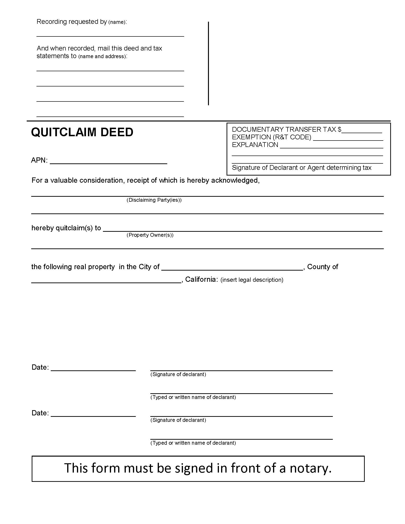 California Quit Claim Deed Form Fillable