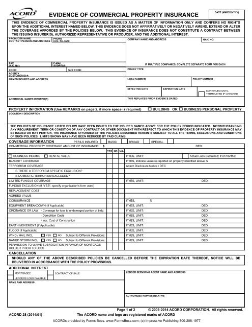 Fillable Evidence Of Property Insurance