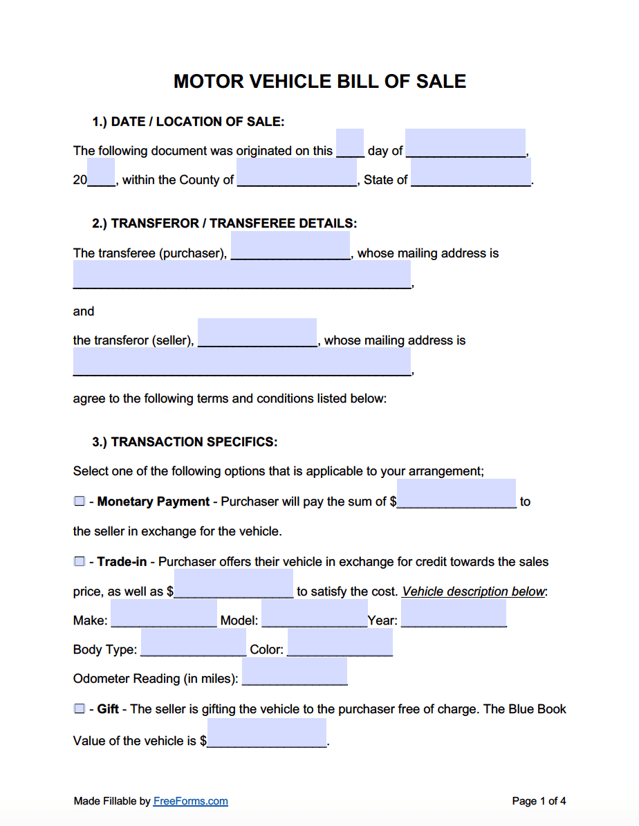 Fillable Free Bill Of Sale Forms