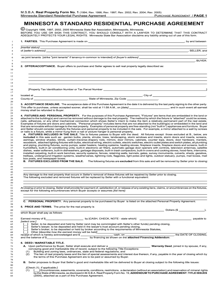 Fillable Minnesota Standard Residential Purchase Agreement