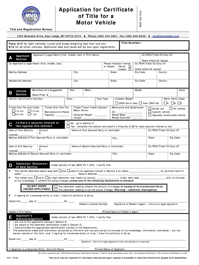 Fillable Montana Application For Title Forms