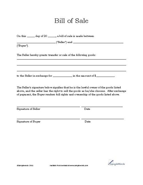 Free Printable Blank Bill Of Sale Forms