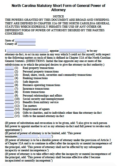 Free Printable Durable Power Of Attorney Form North Carolina
