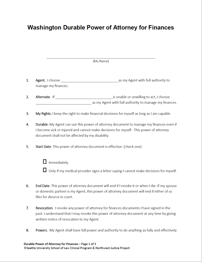 Free Printable Durable Power Of Attorney Form Washington State