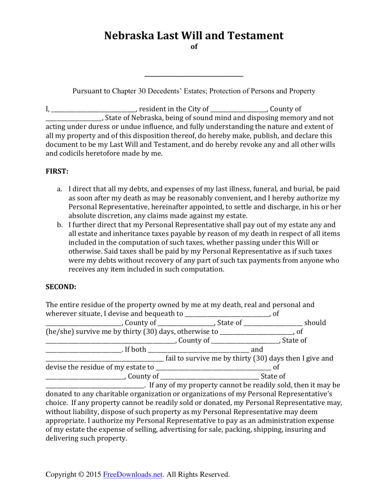 Free Printable Will Forms Nebraska - Fillable Form 2023