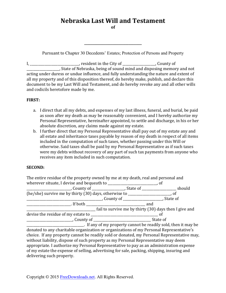 Free Printable Will Forms Nebraska