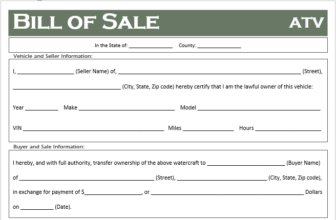 Printable Bill Of Sale For Quad