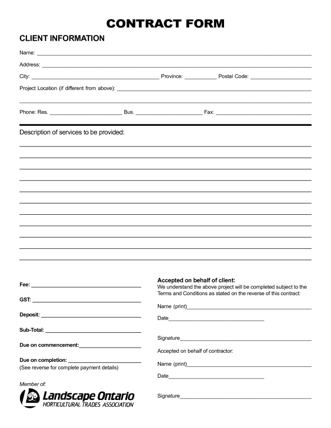 Printable Blank Contract Forms