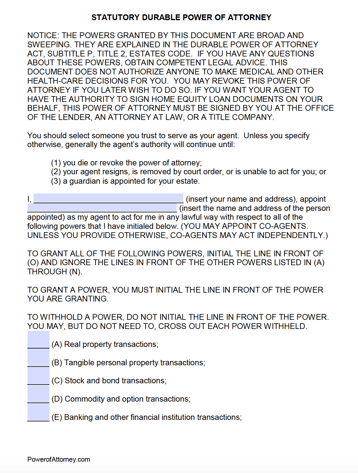 Printable Durable Power Of Attorney Form Texas