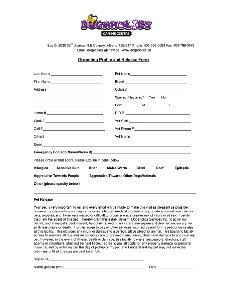 Printable Free Dog Grooming Forms Fillable Form 2023