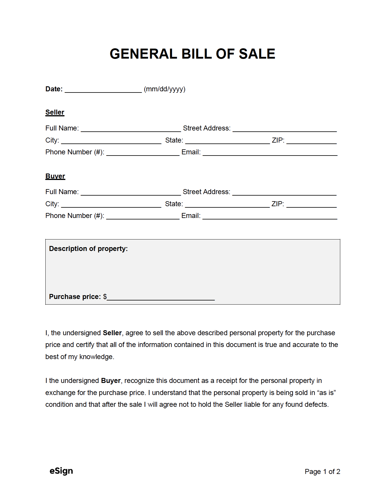 Printable General Bill Of Sale Form - Fillable Form 2023