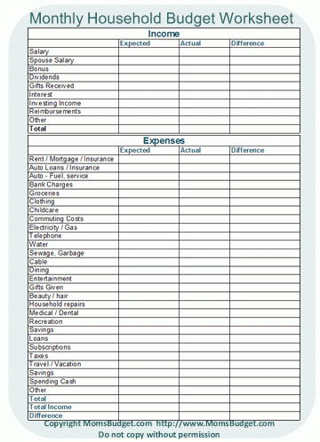 Printable Home Budget Forms
