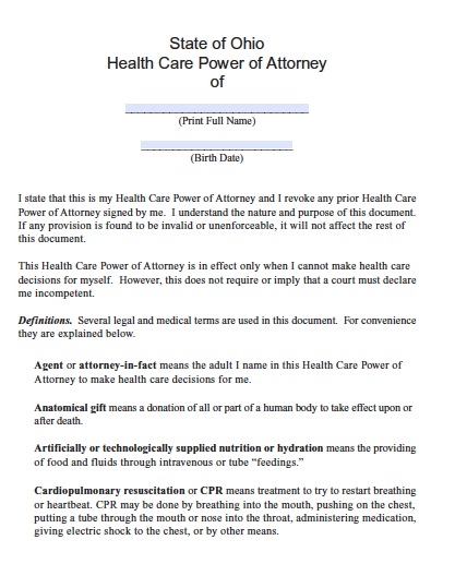 Printable Medical Power Of Attorney Form Ohio