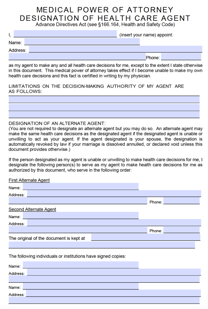 Printable Medical Power Of Attorney Form Texas