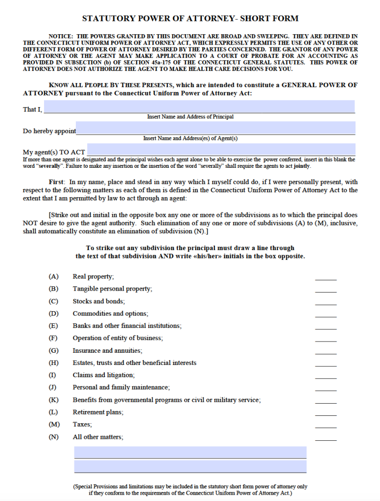 Printable Power Of Attorney Form For Connecticut