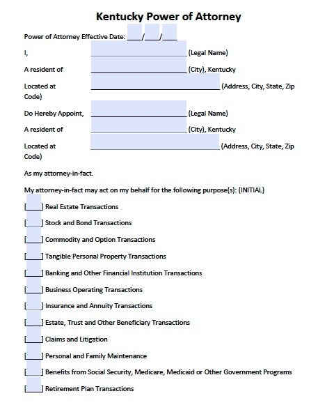 Printable Power Of Attorney Form Kentucky
