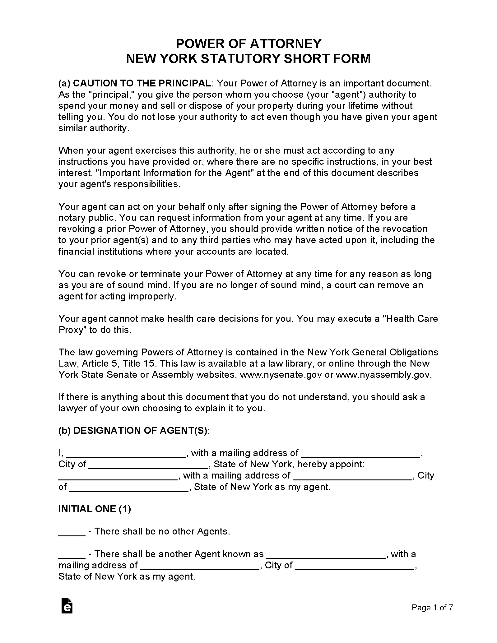 Printable Power Of Attorney Form New York State