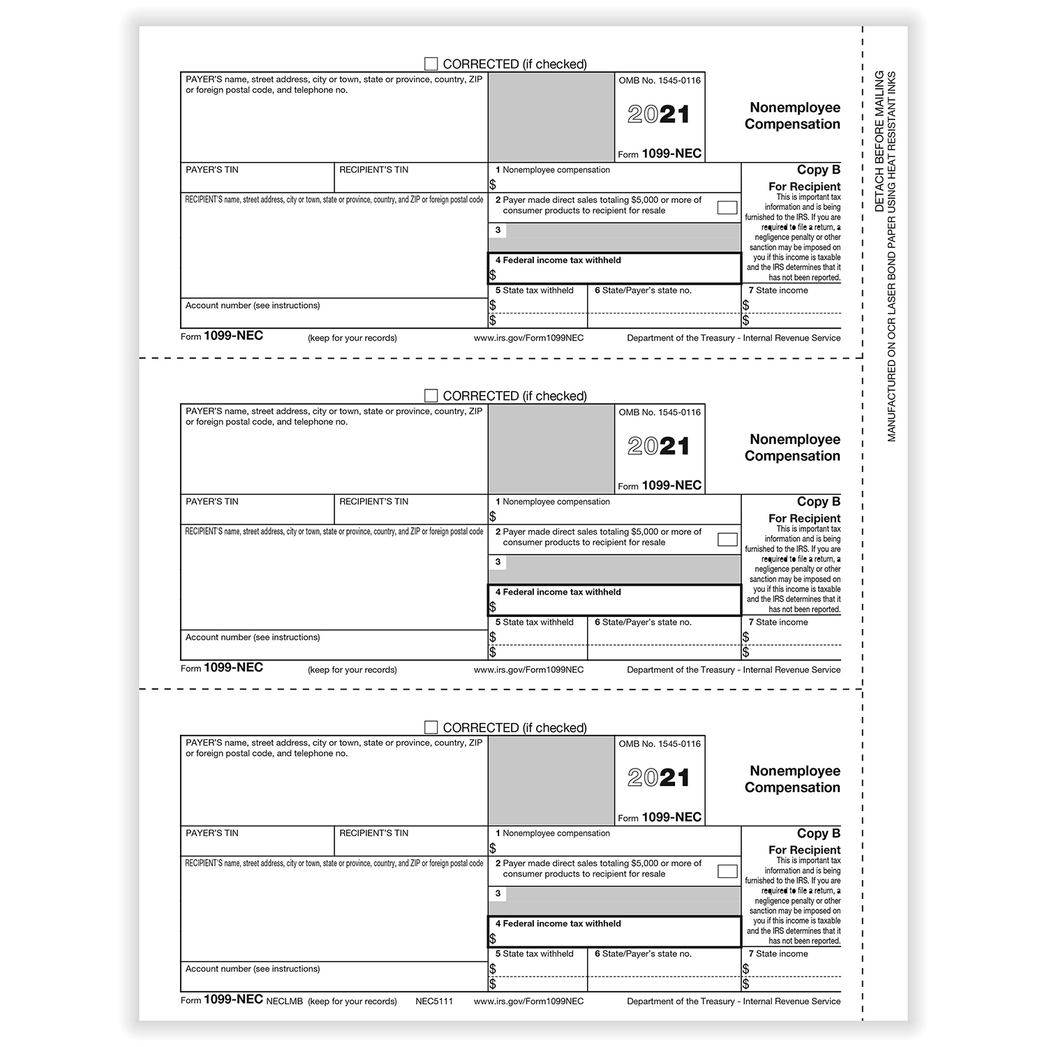 2022 1099 NEC Recipient Copy B Cut Sheet HRdirect Fillable Form 2024