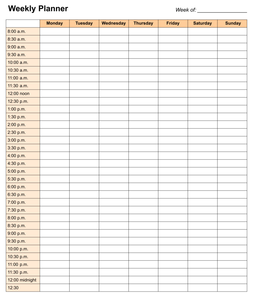 24 Hour Weekly Planner Printable