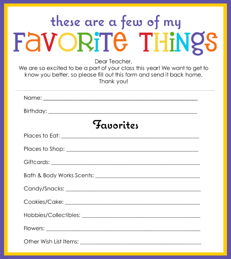 Printable Favorite Things Template