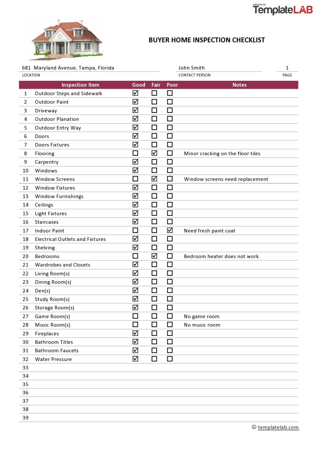 Printable Home Inspection Checklists Word Pdf Templatelab Fillable