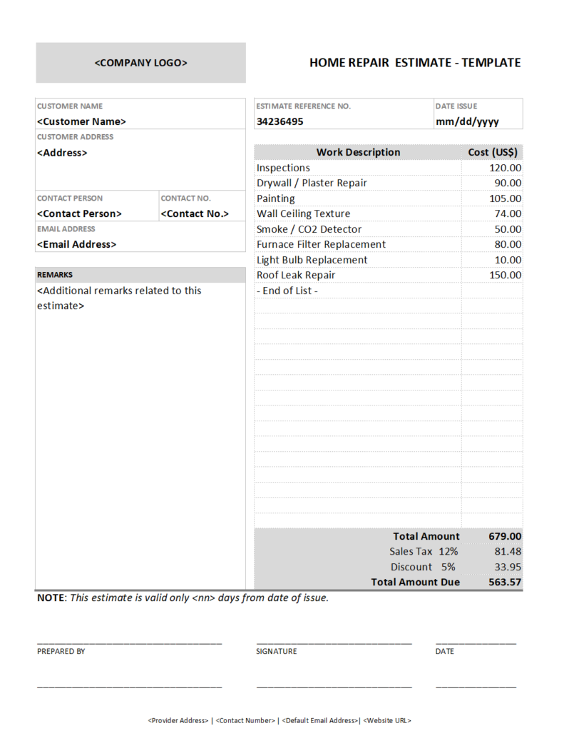 Printable Home Repair Estimate Template