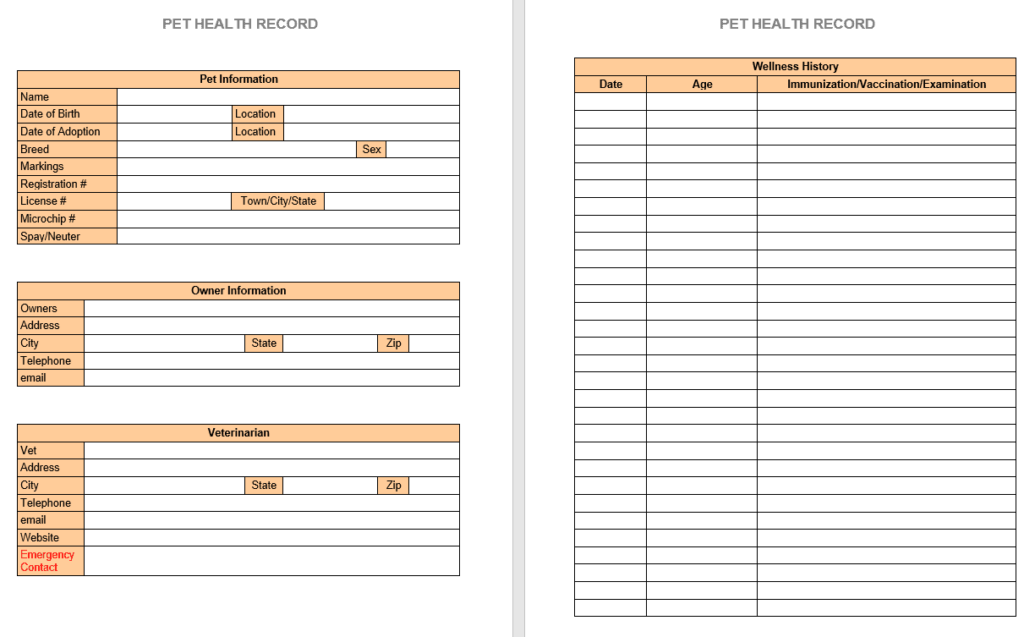 Printable Pet Health Record Template Excel Fillable Form 2023