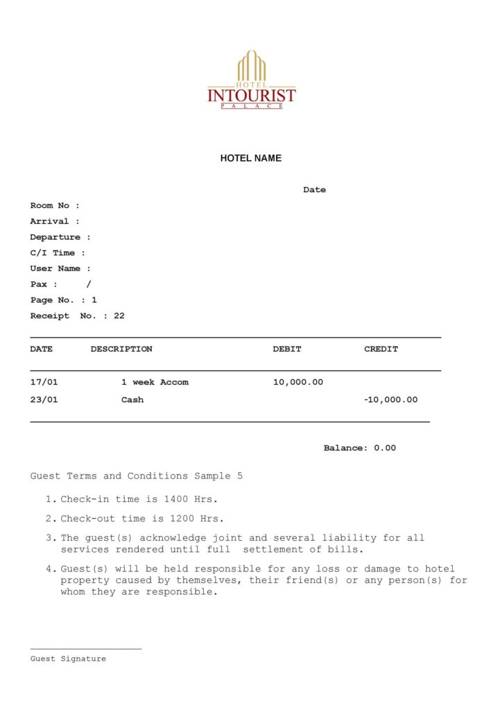 Printable Hotel Receipt Template