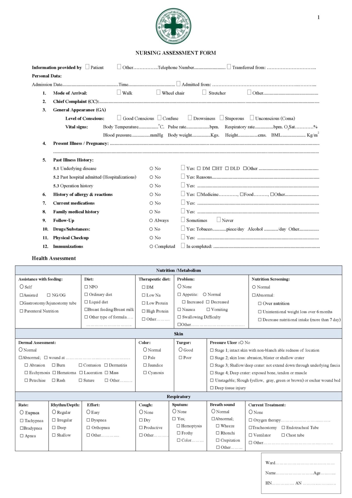 Printable Nursing Assessment Forms Examples Fillable Form