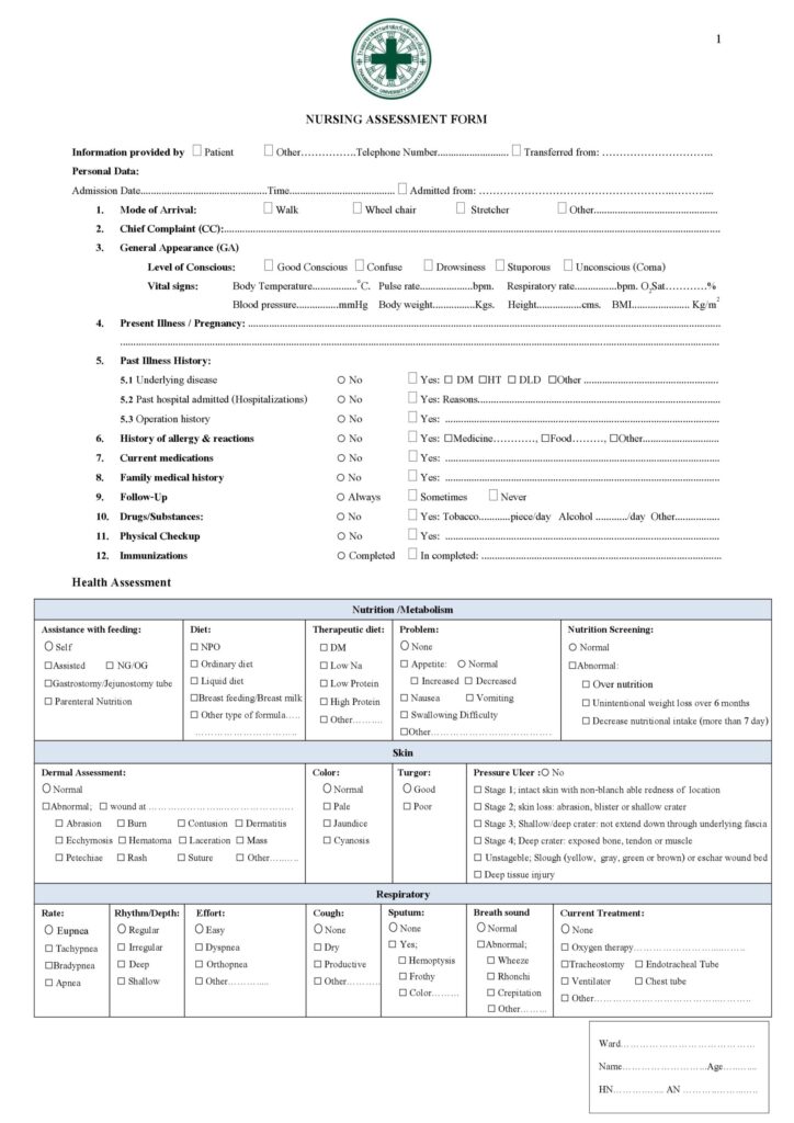 Printable Nursing Assessment Form Template